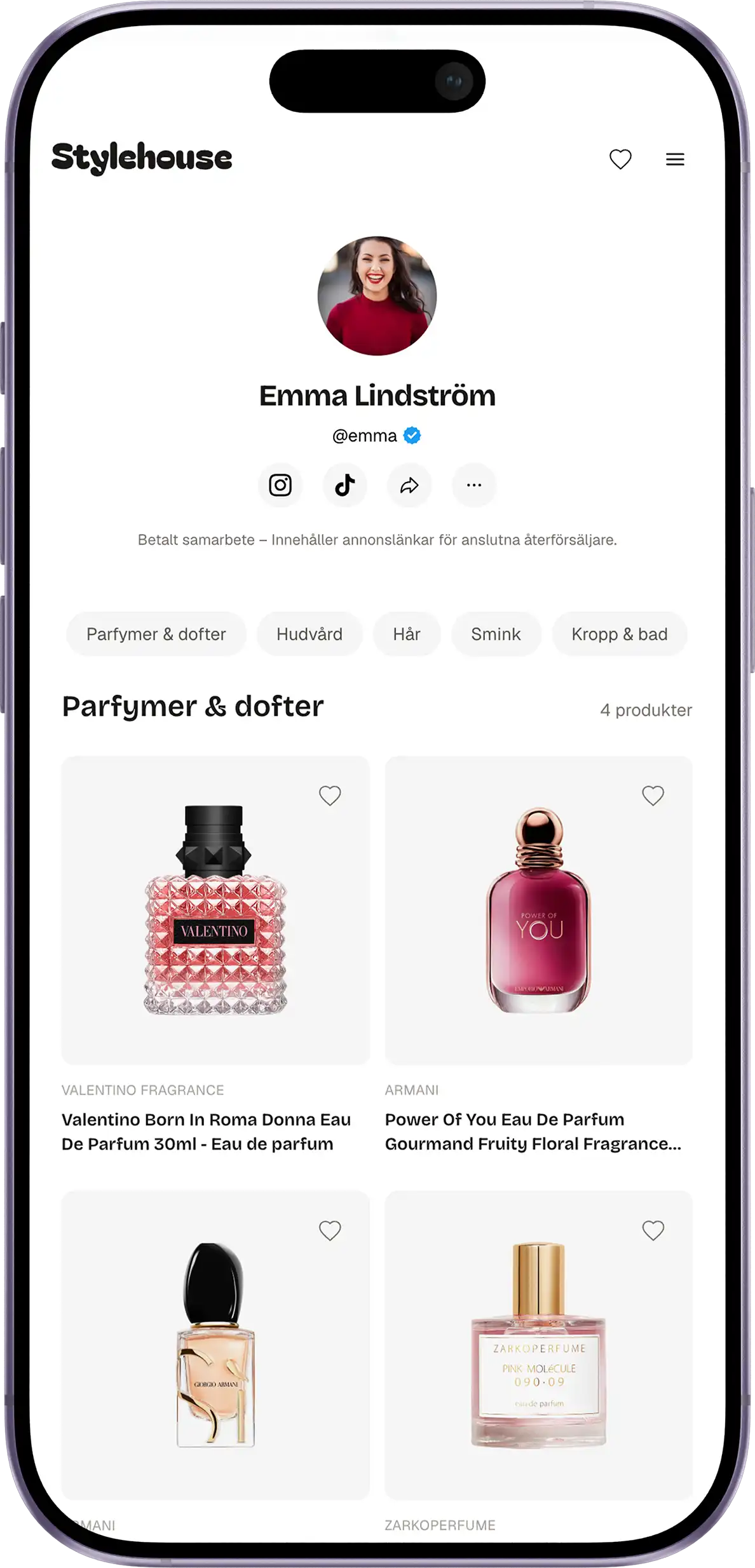 Stylehouse visar en creator-profil och en produktsida.
